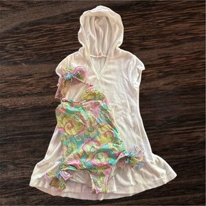 Kate Mack Colorful Flower Swimsuit and White Hooded Cover-Up Set